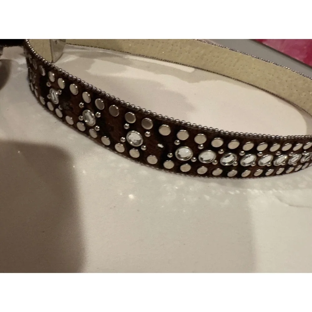 Womens Brown Calf‎ Hair Rhinestone Studded Western Belt Silver Buckle Size S